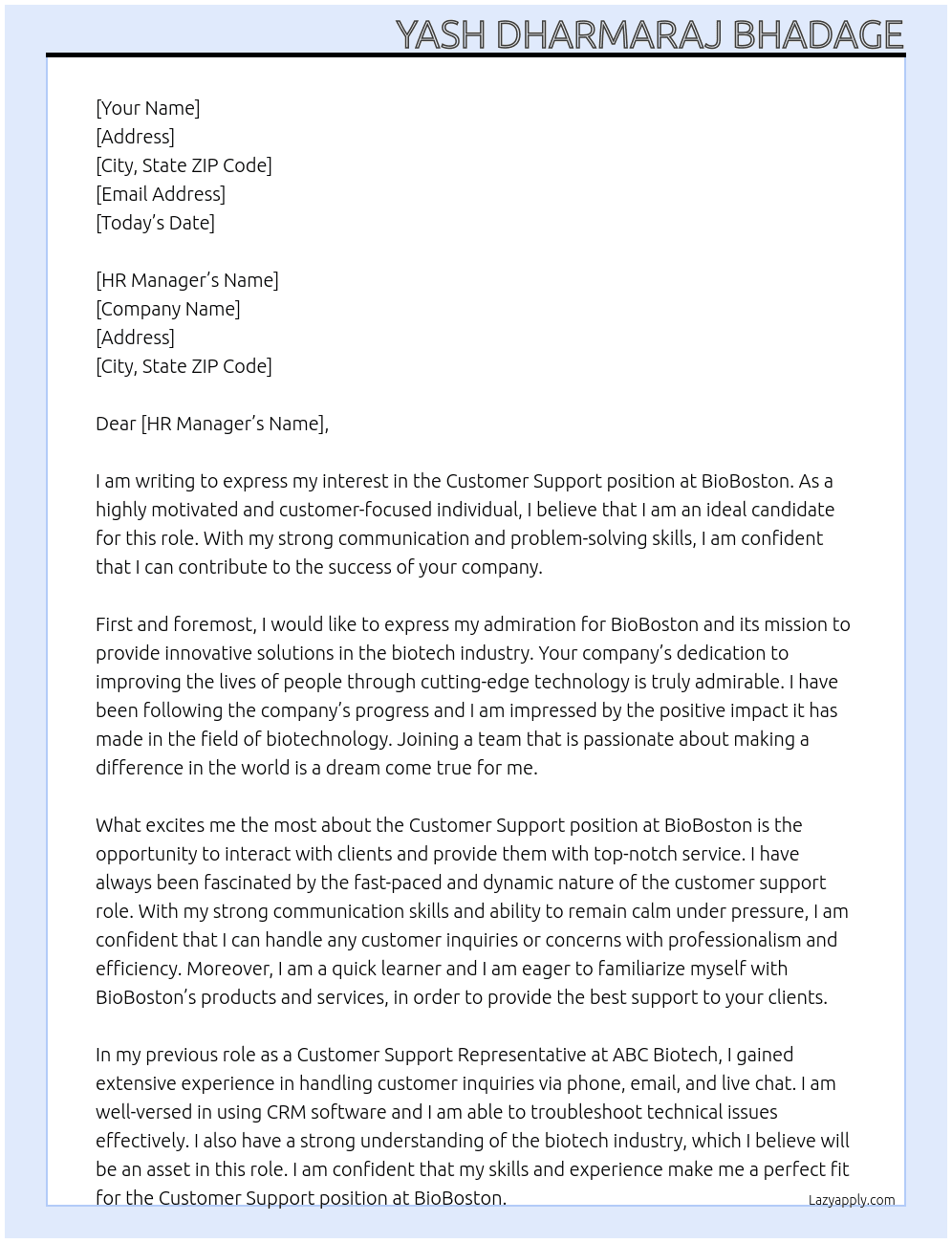 Customer Support  At BioBoston Cover Letter