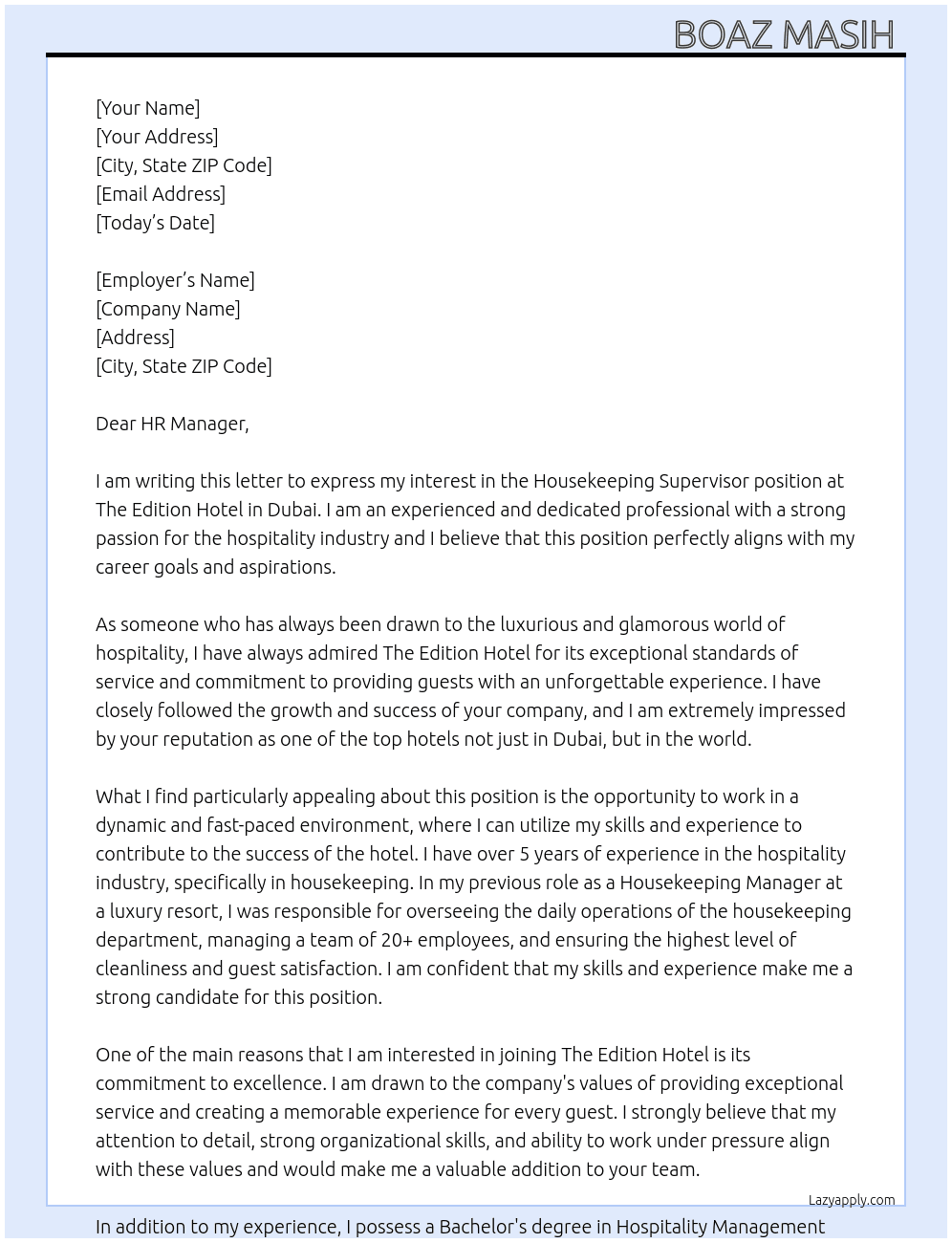 Housekeeping supervisor  At The Edition Hotel, Dubai  Cover Letter