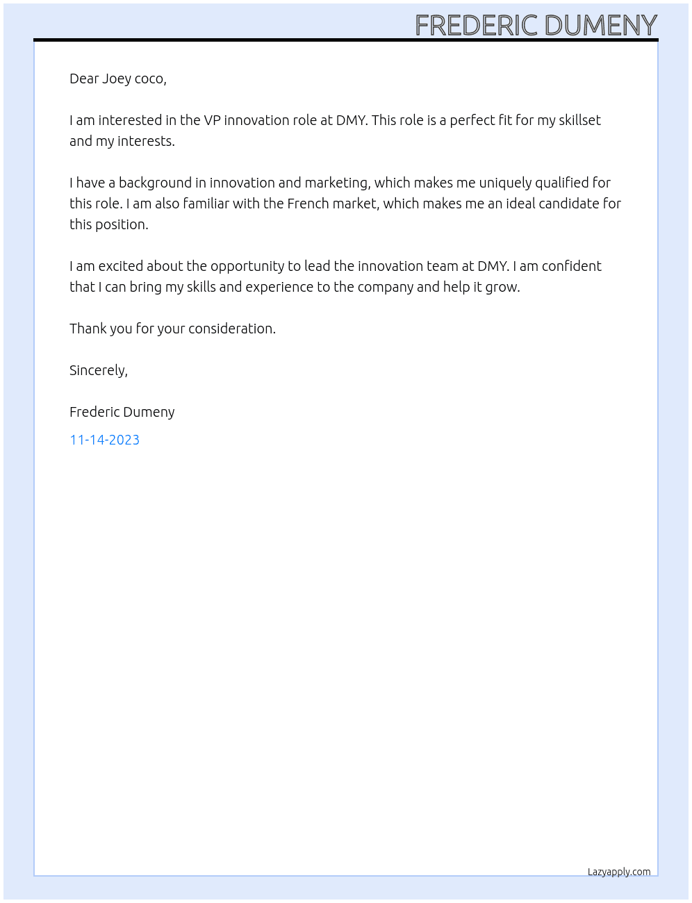 VP innovation  At DMY Cover Letter