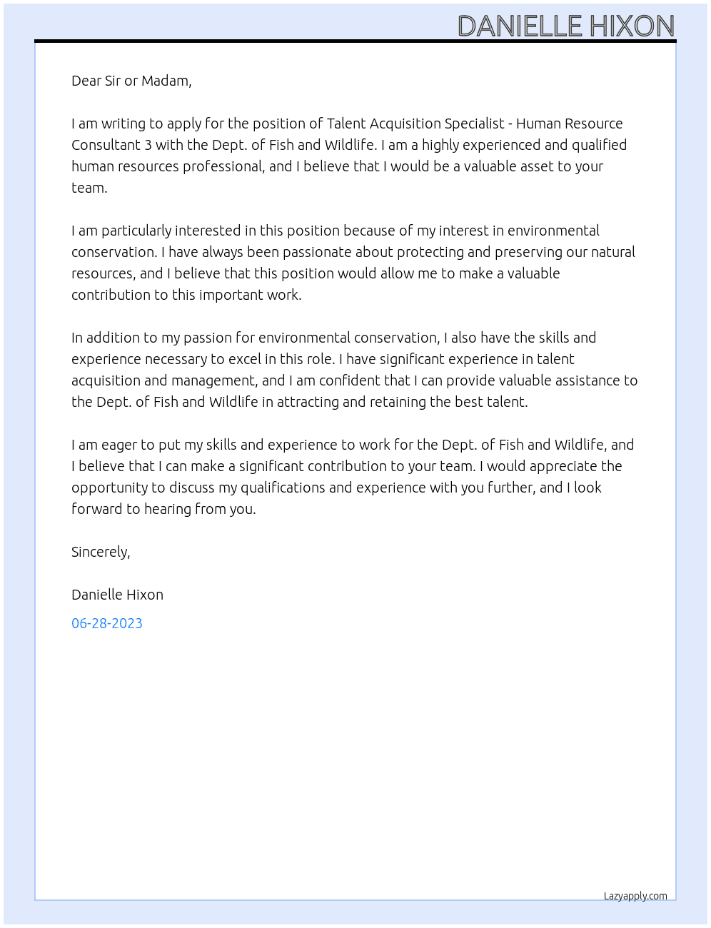 Talent Acquisition Specialist - Human Resource Consultant 3 At  Dept. of Fish and Wildlife Cover Letter