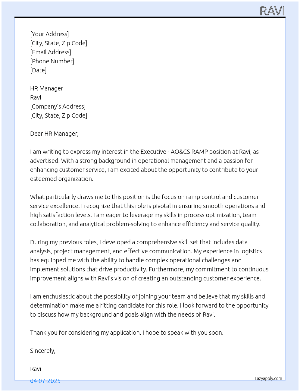 Cover letter for executive- ao&cs ramp hyd - LazyApply