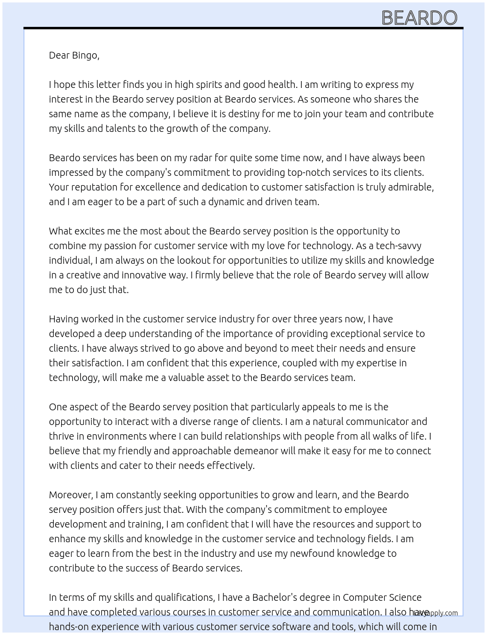 Beardo servey  At Beardo services  Cover Letter
