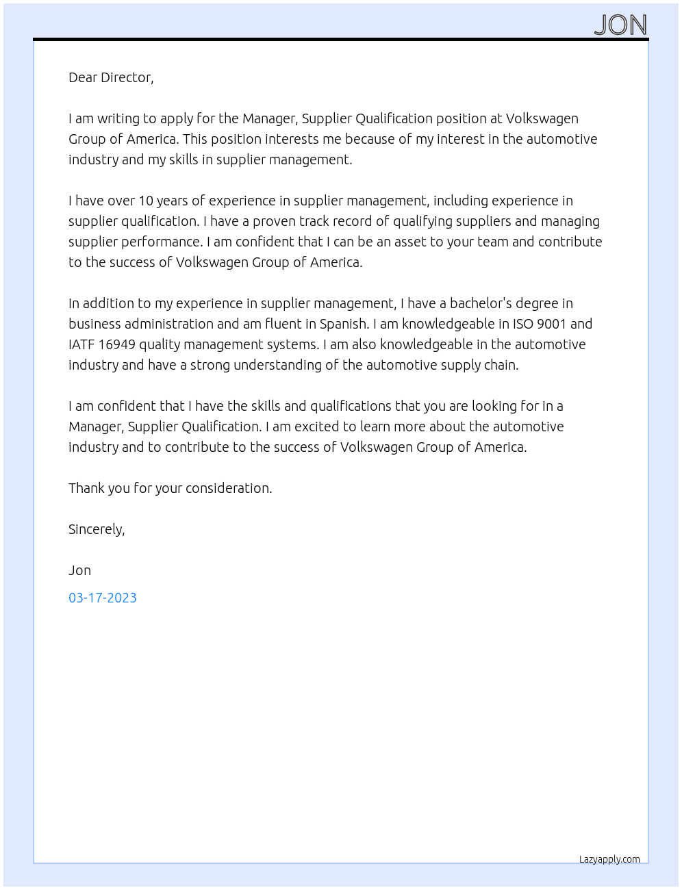 Manager, Supplier Qualificatoin At Volkswagen Group of America Cover Letter