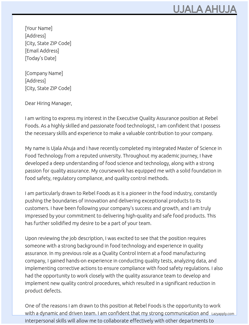 Executive Quality Assurance At Rebel Foods Cover Letter