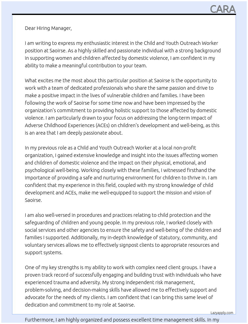 Child and Youth Outreach Worker At Saoirse  Cover Letter