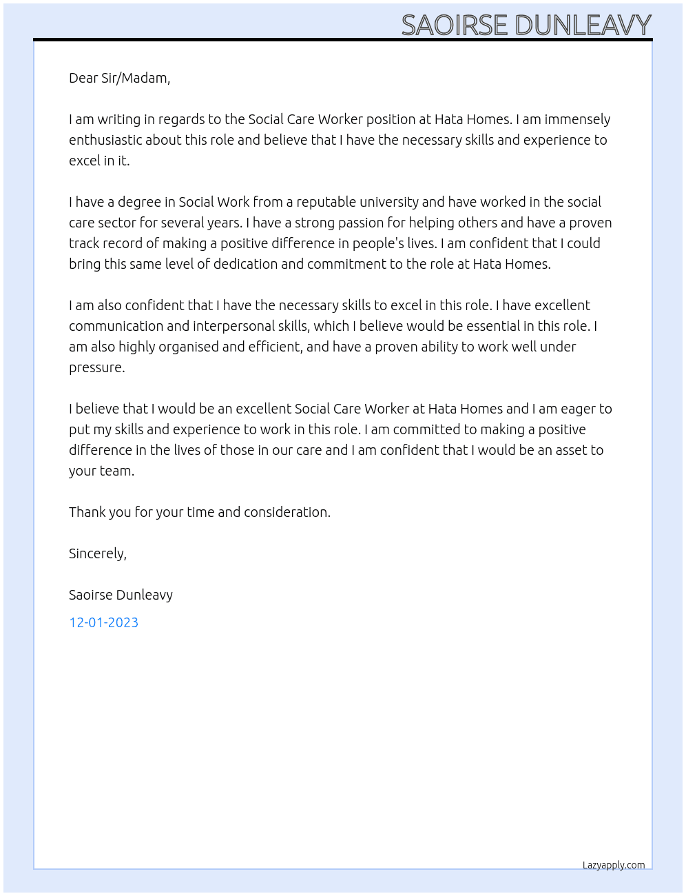 Social Care Worker At Hata Homes Cover Letter