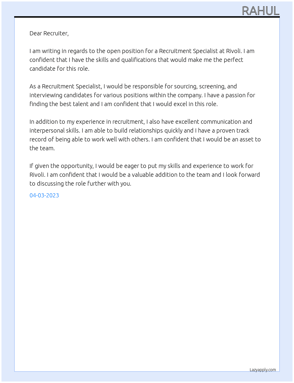 Recruitment specialist At Rivoli Cover Letter