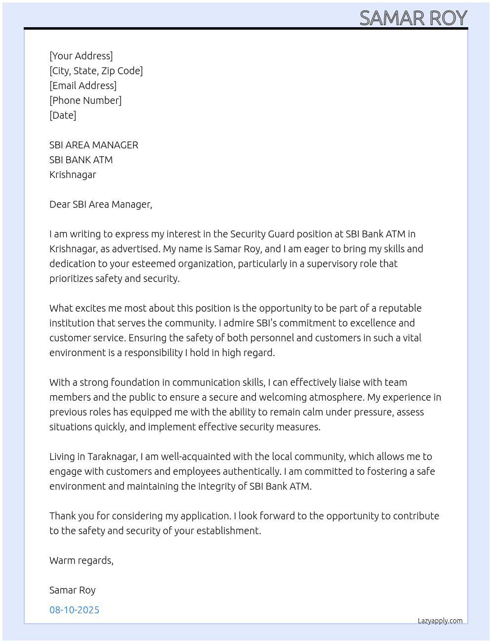 Security Guard At SBI BANK ATM, KRISHNAGAR  Cover Letter