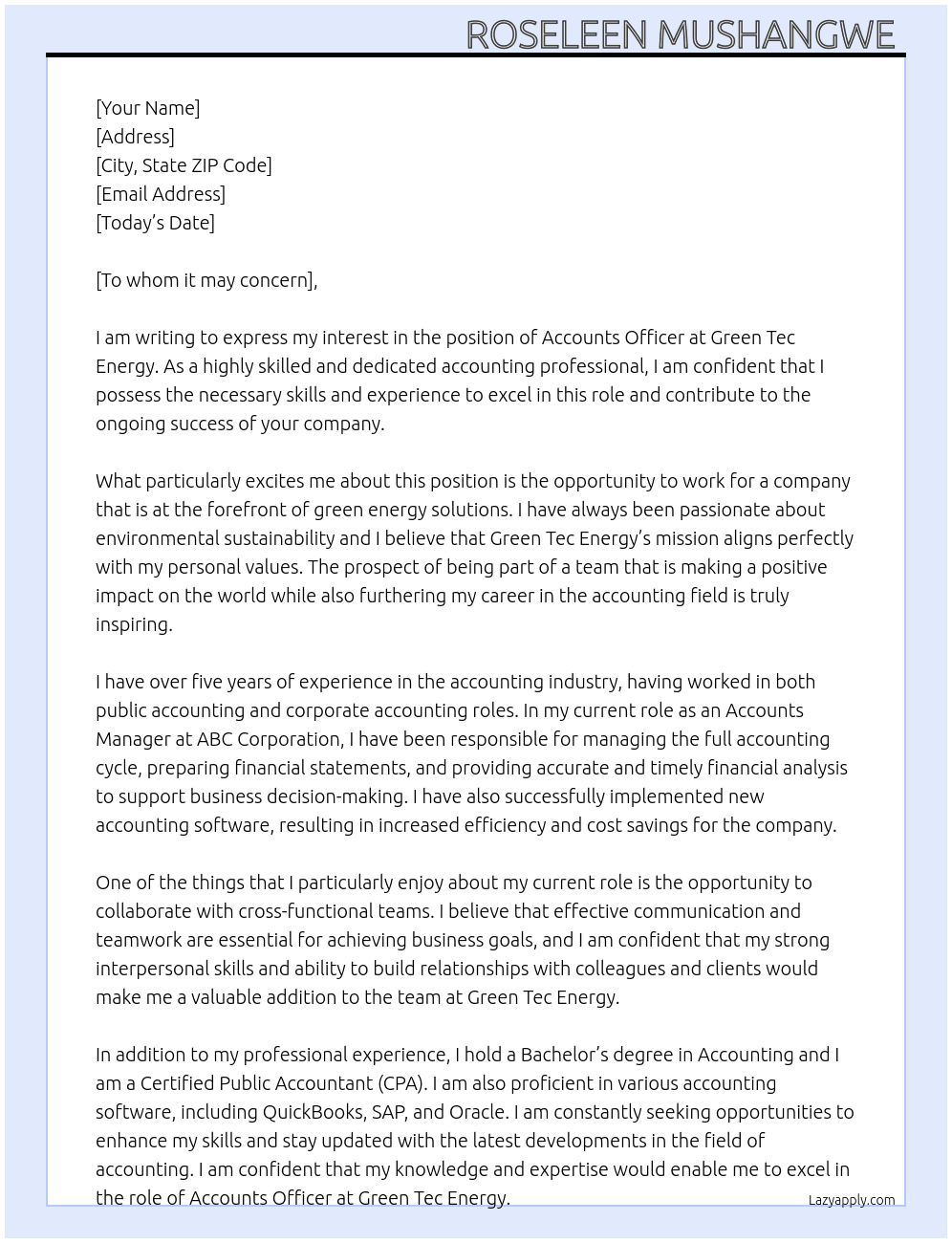 Accounts Officer At Green Tec Energy  Cover Letter