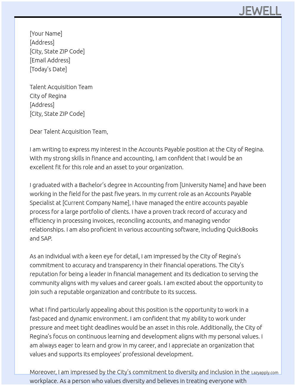 Accounts Payable  At City of Regina Cover Letter