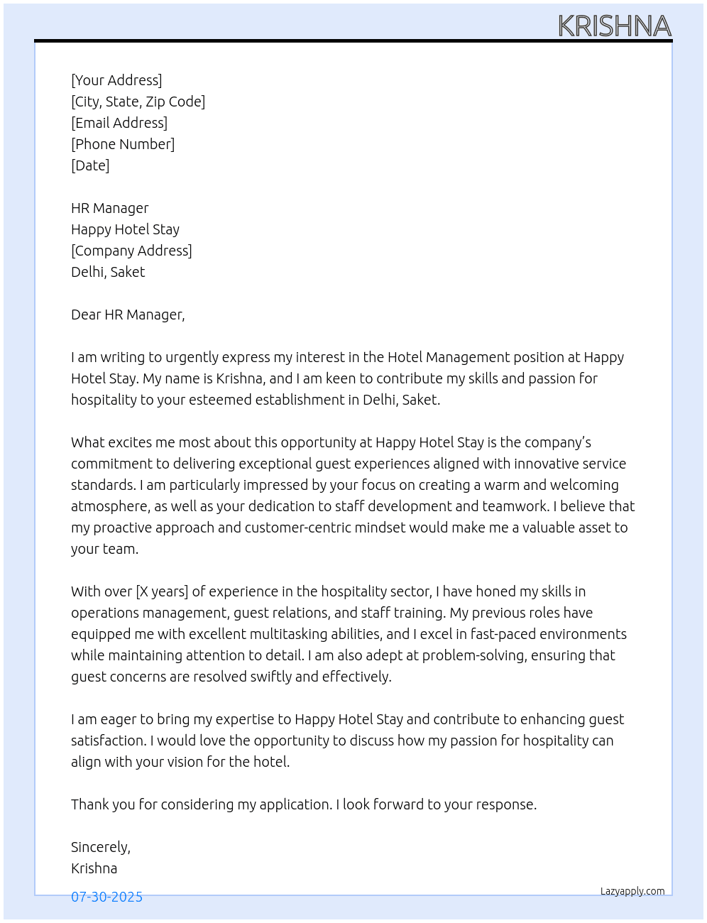 hotel manegmant At happy hotal stay Cover Letter