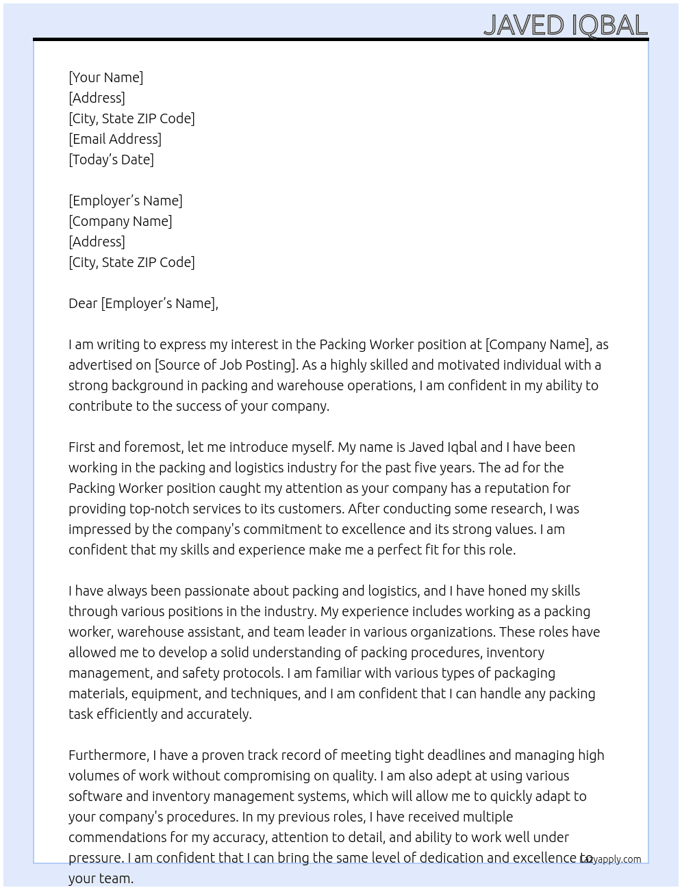 Packinging worker At Job id: LX-pw1129 Cover Letter