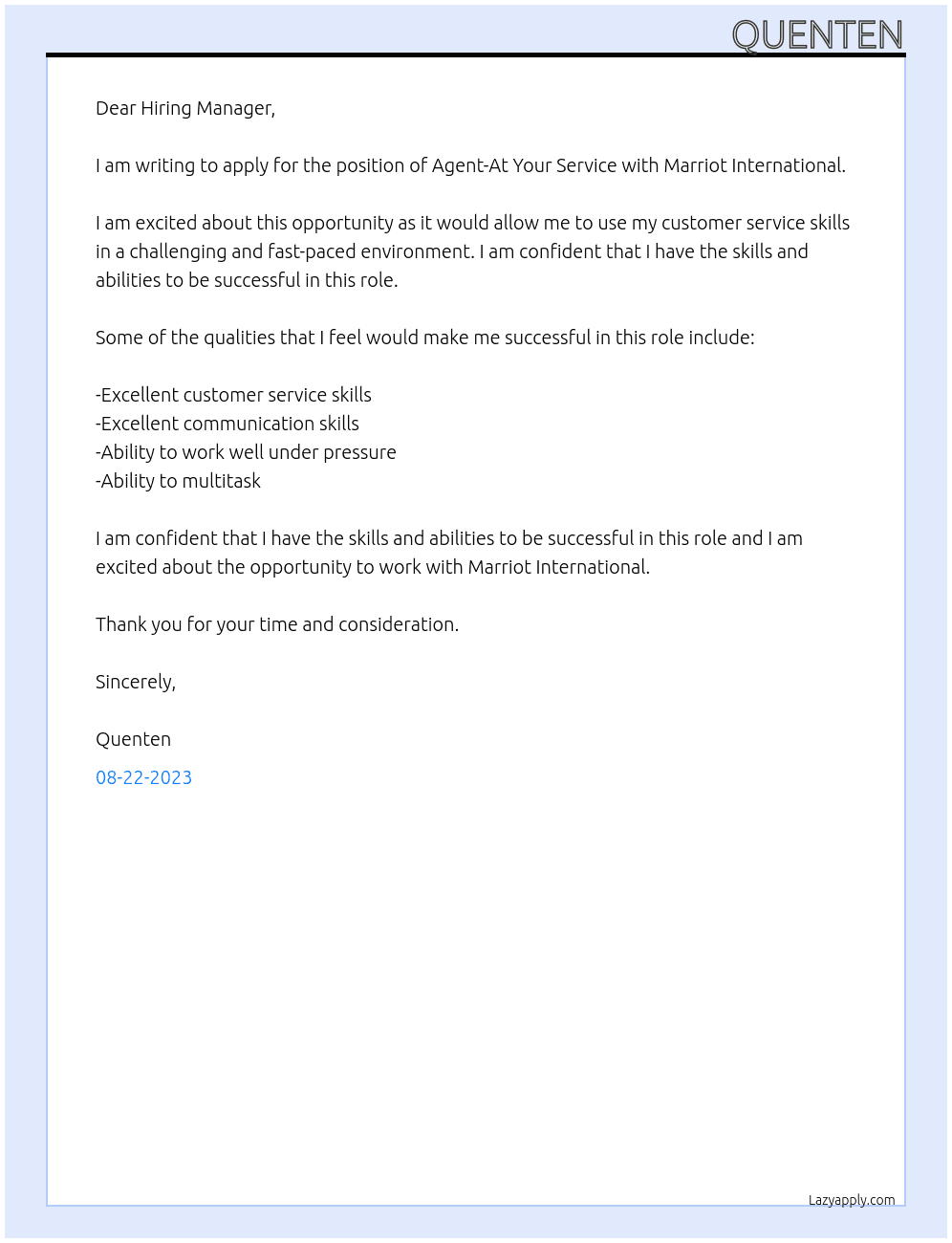 Agent-At Your Service At Marriot International Cover Letter