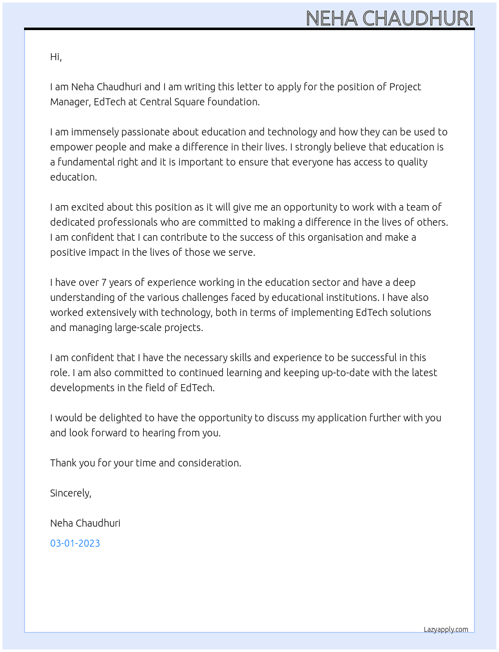 Project Manager, EdTech At Central Square foundation Cover Letter