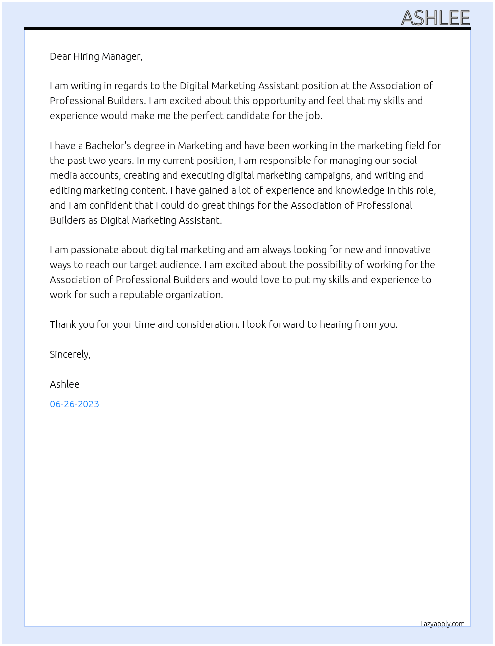 Digital Marketing Assistant At Association of Professional Builders Cover Letter