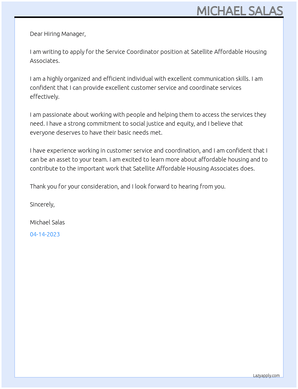 Service Coordinator At Satellite Affordable Housing Associates  Cover Letter