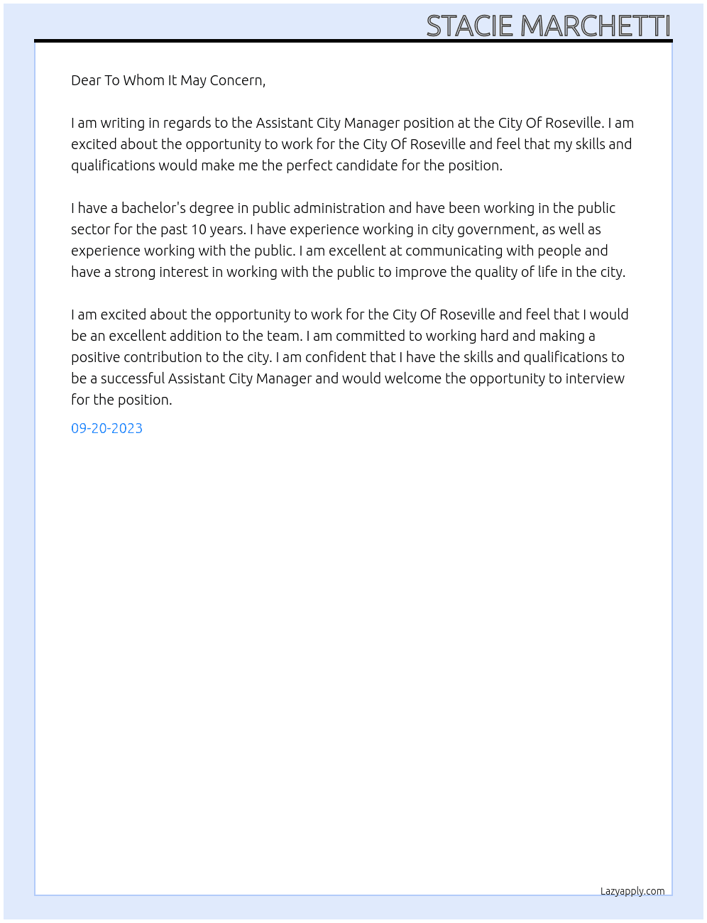 Assistant City Manager At City Of Roseville Cover Letter