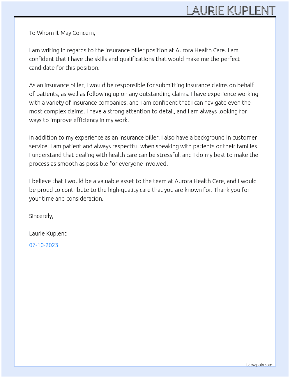 insurance biller At Aurora Health Care Cover Letter
