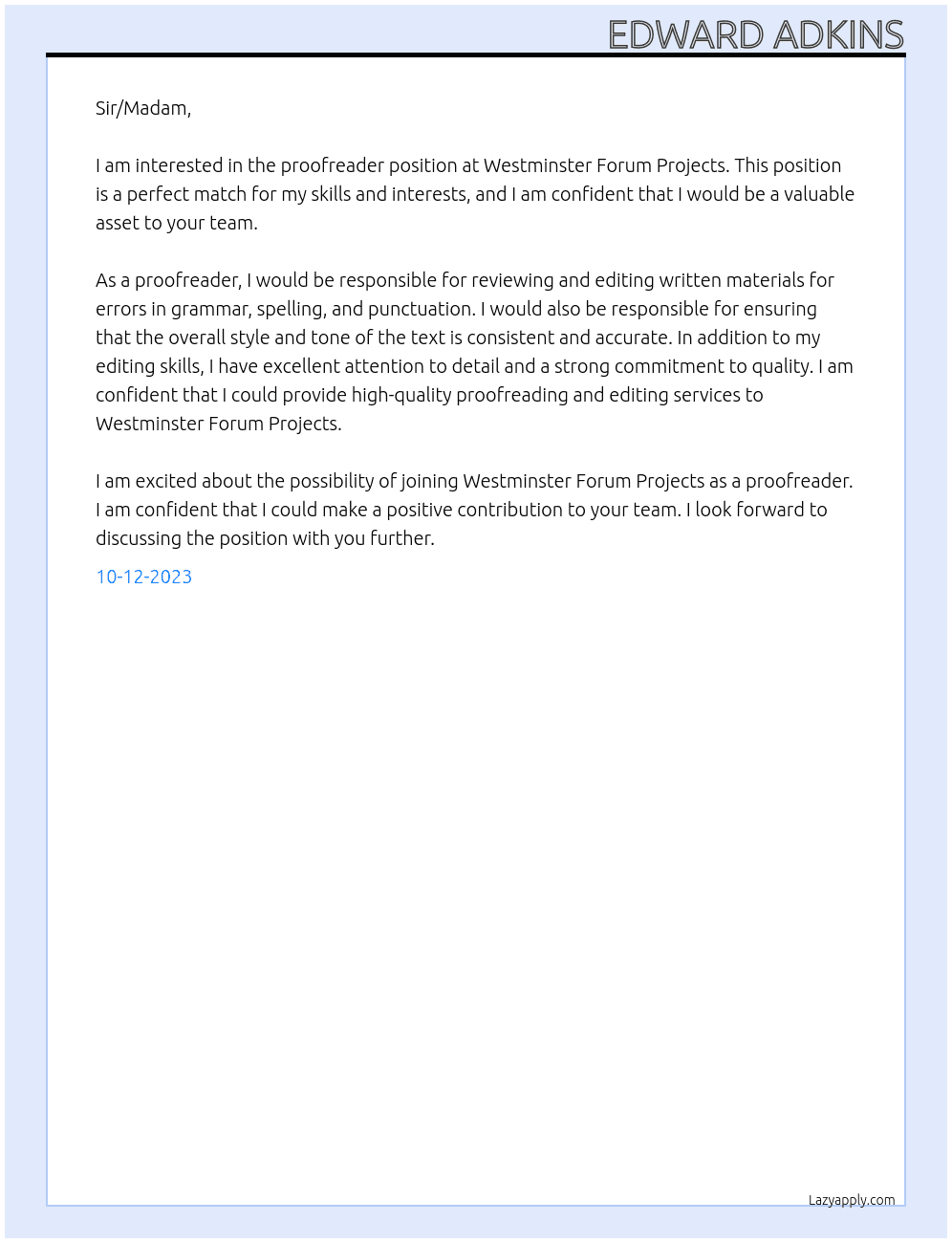 Proofreader At Westminster Forum Projects Cover Letter
