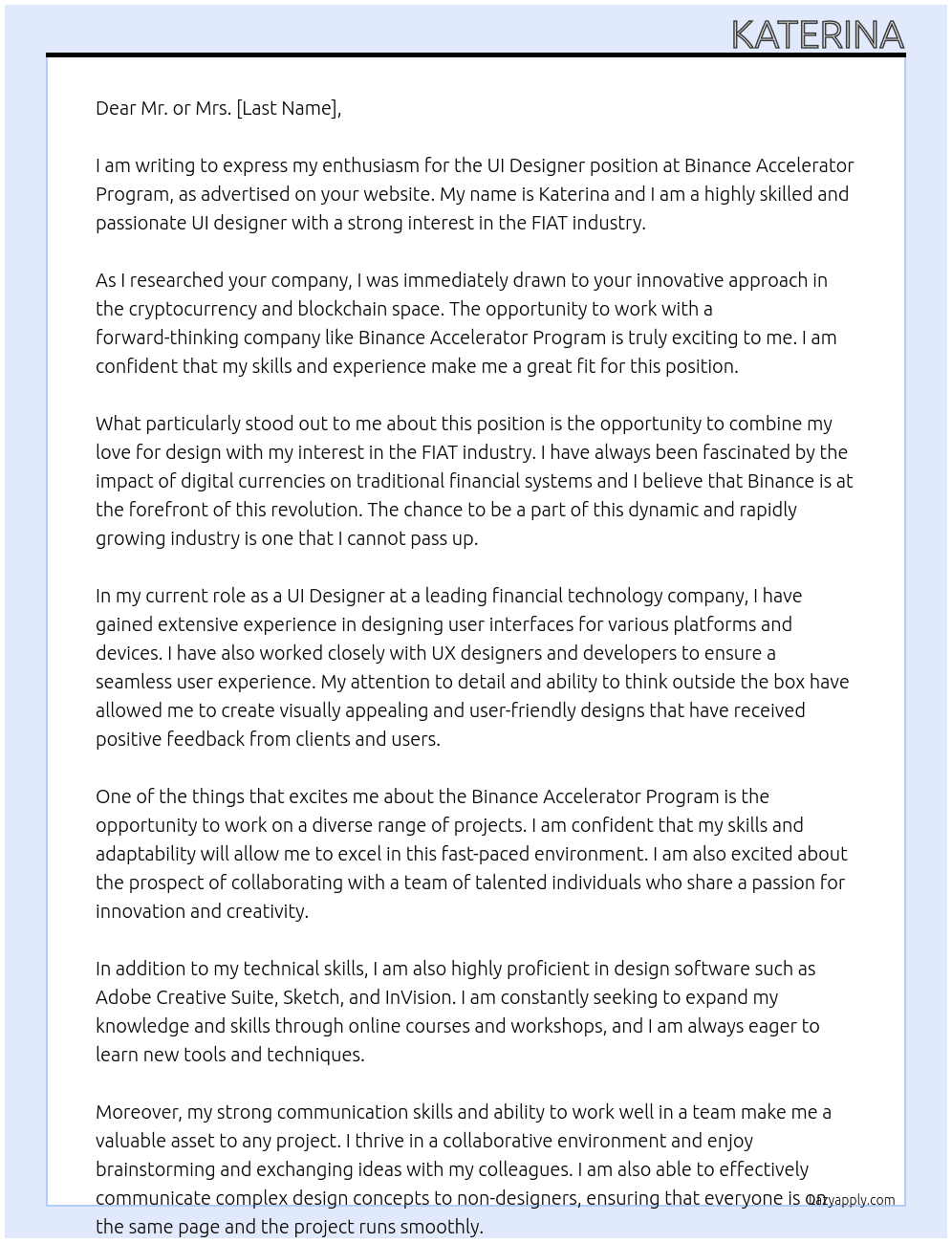 UI Designer (FIAT) At Binance Accelerator Program Cover Letter