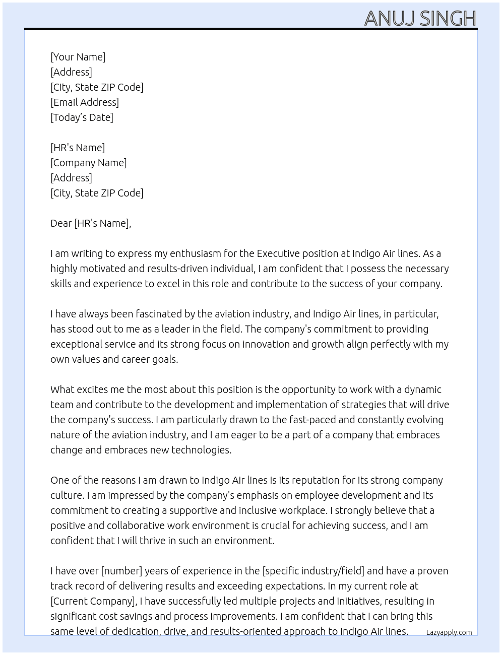 Executive  At Indigo Air lines Cover Letter