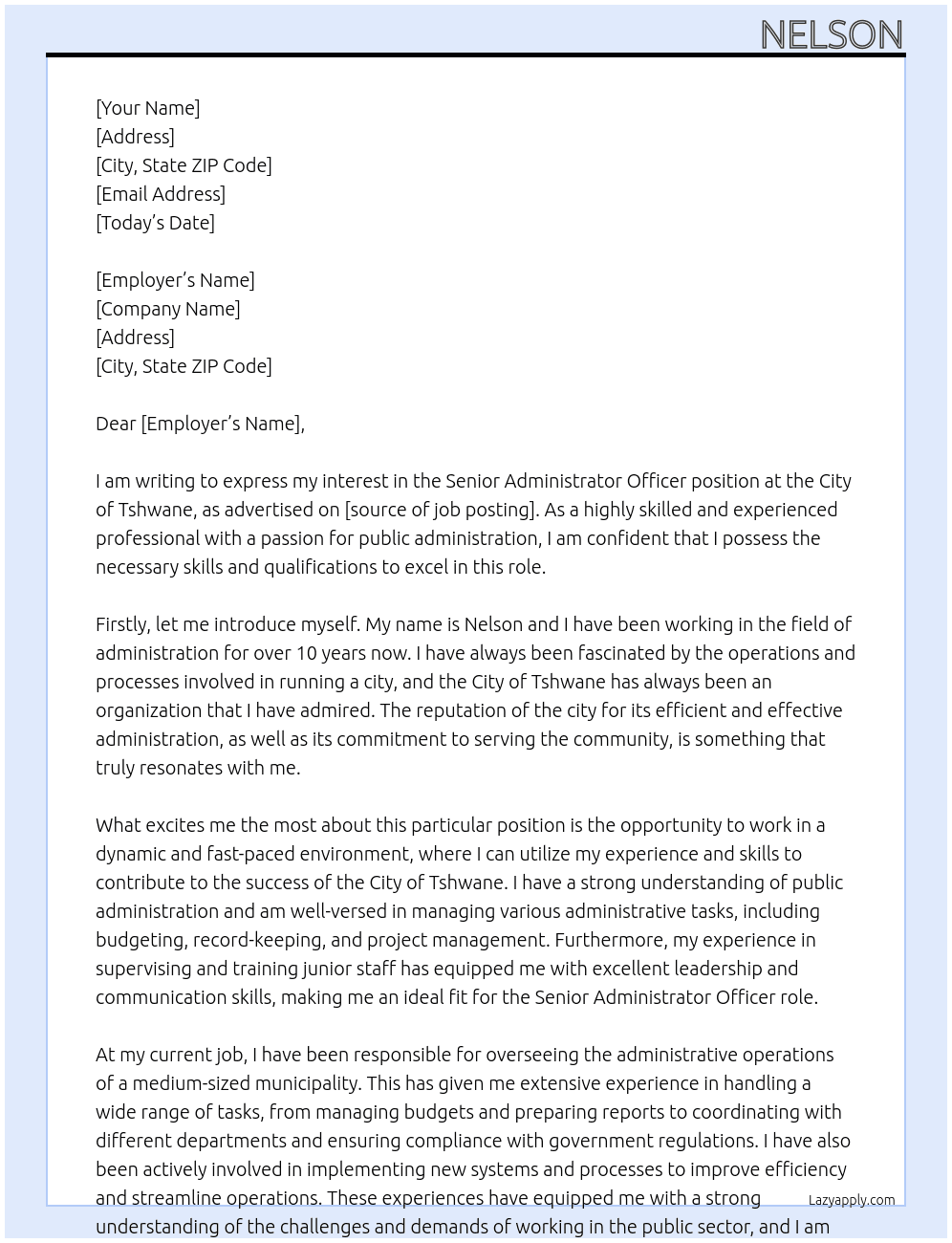 Senior Administrator Officer At City of Tshwane Cover Letter
