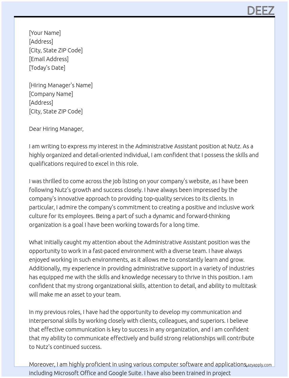 Administrative Assistant At Nutz Cover Letter