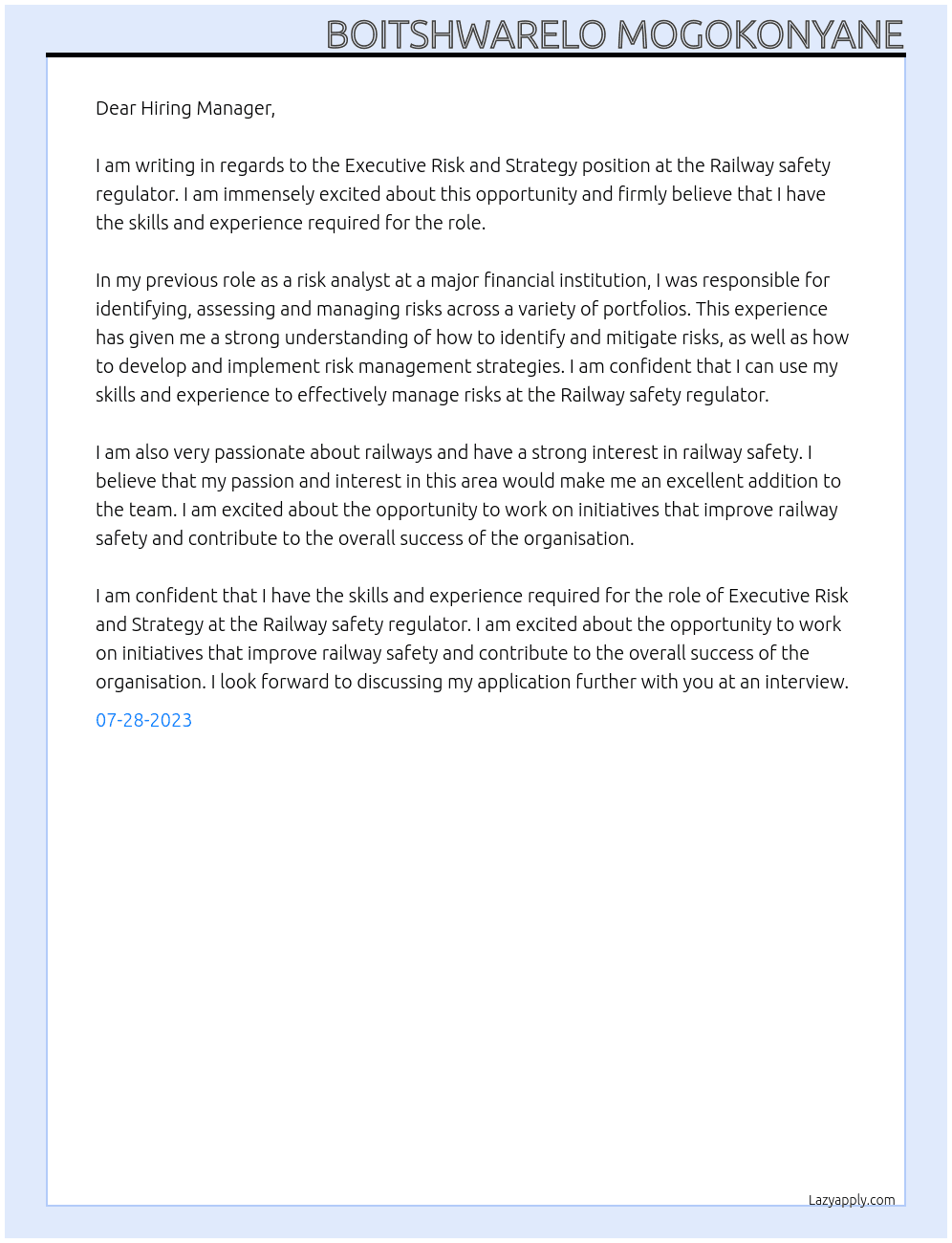 /Executive Risk and Strategy At Railway safety regulator Cover Letter