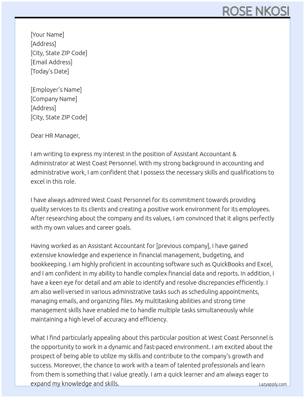 Assistant Accountant & Administrator At West Coast Personnel Cover Letter