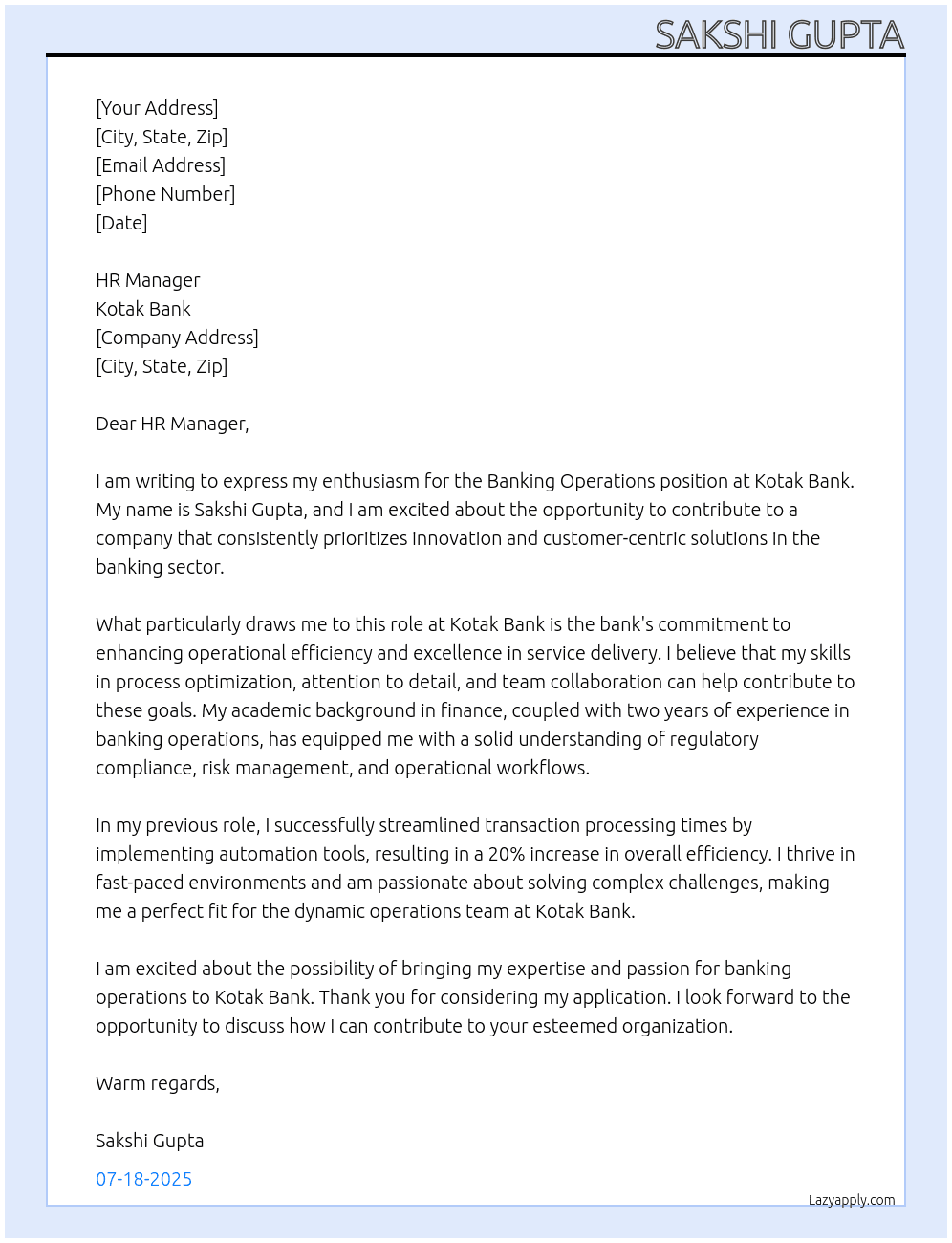 Cover letter for banking operations - LazyApply