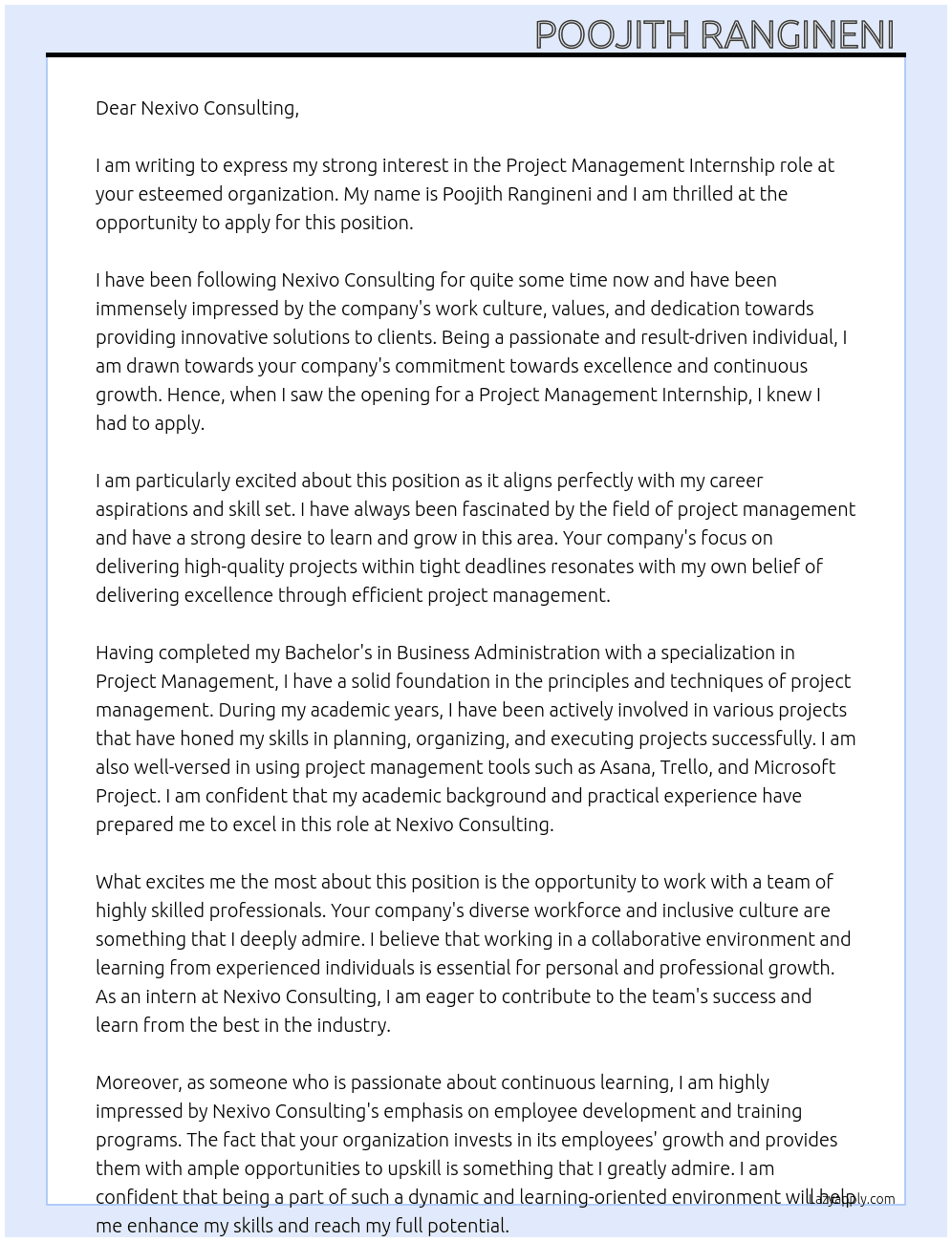 Project Management  At Nexivo Consulting  Cover Letter