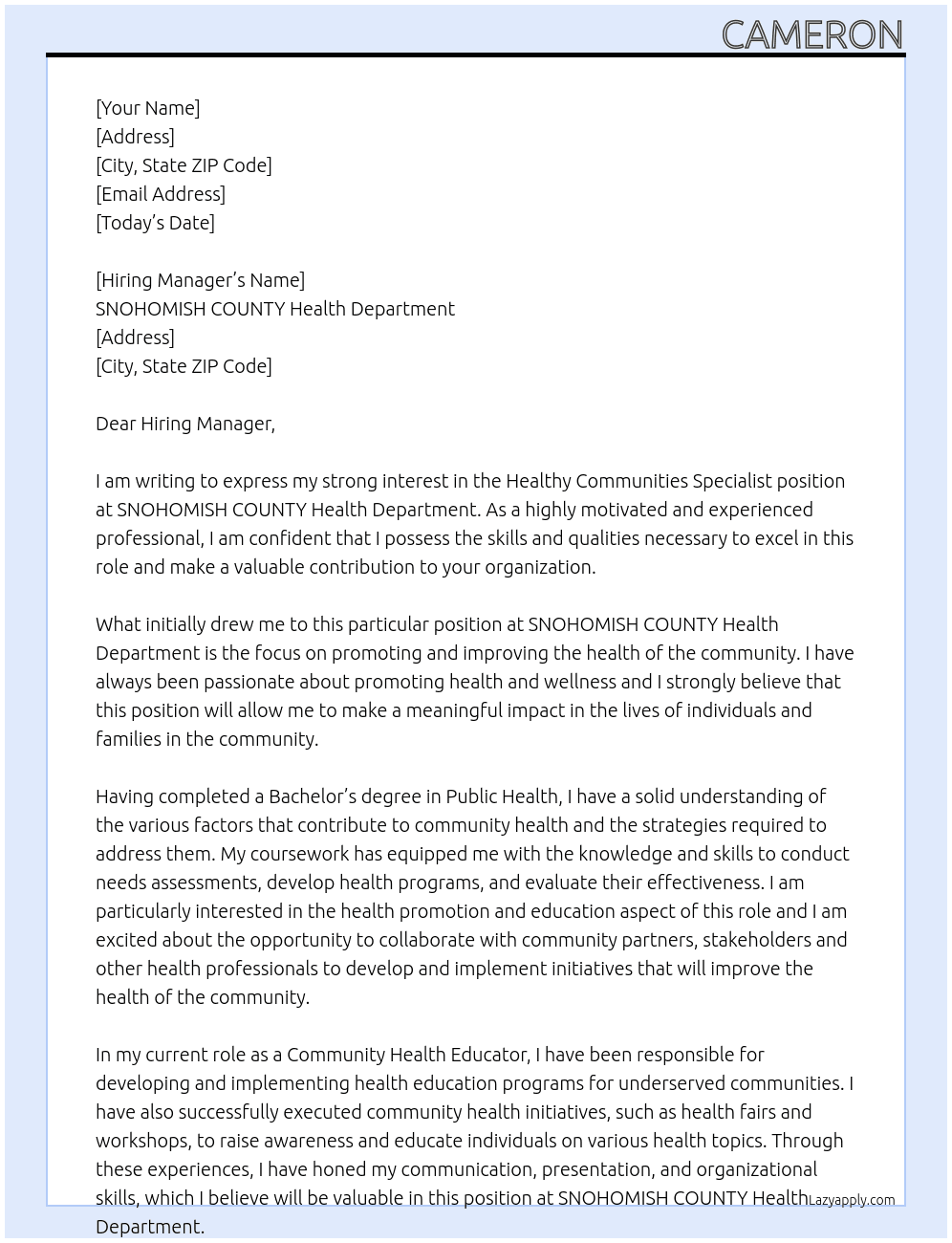 Healthy Communities Specialist At SNOHOMISH COUNTY Health Department Cover Letter