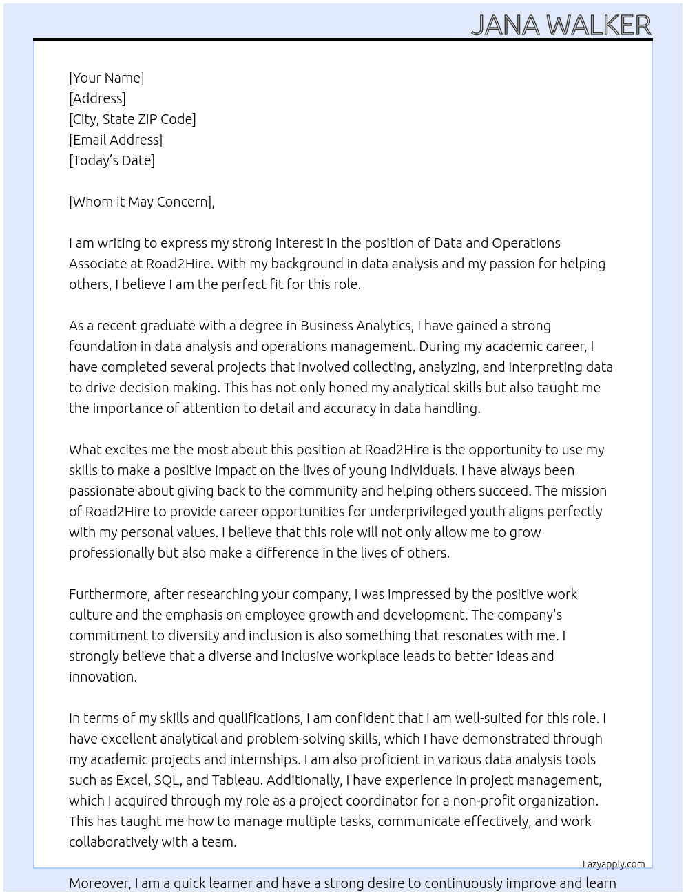 Data and Operations associate At Road2Hire Cover Letter