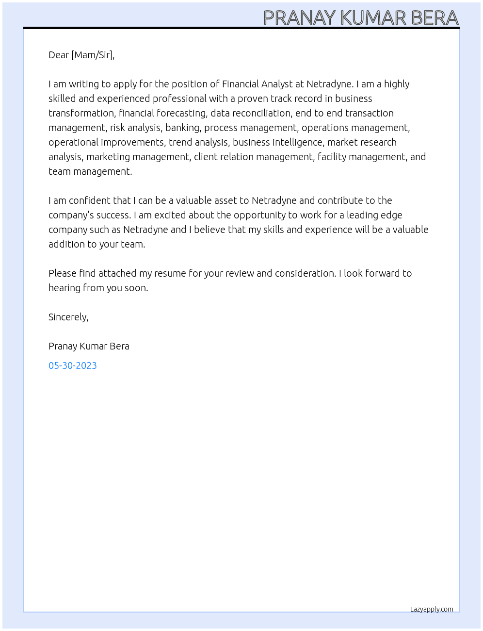 Financial Analyst At Netradyne Cover Letter