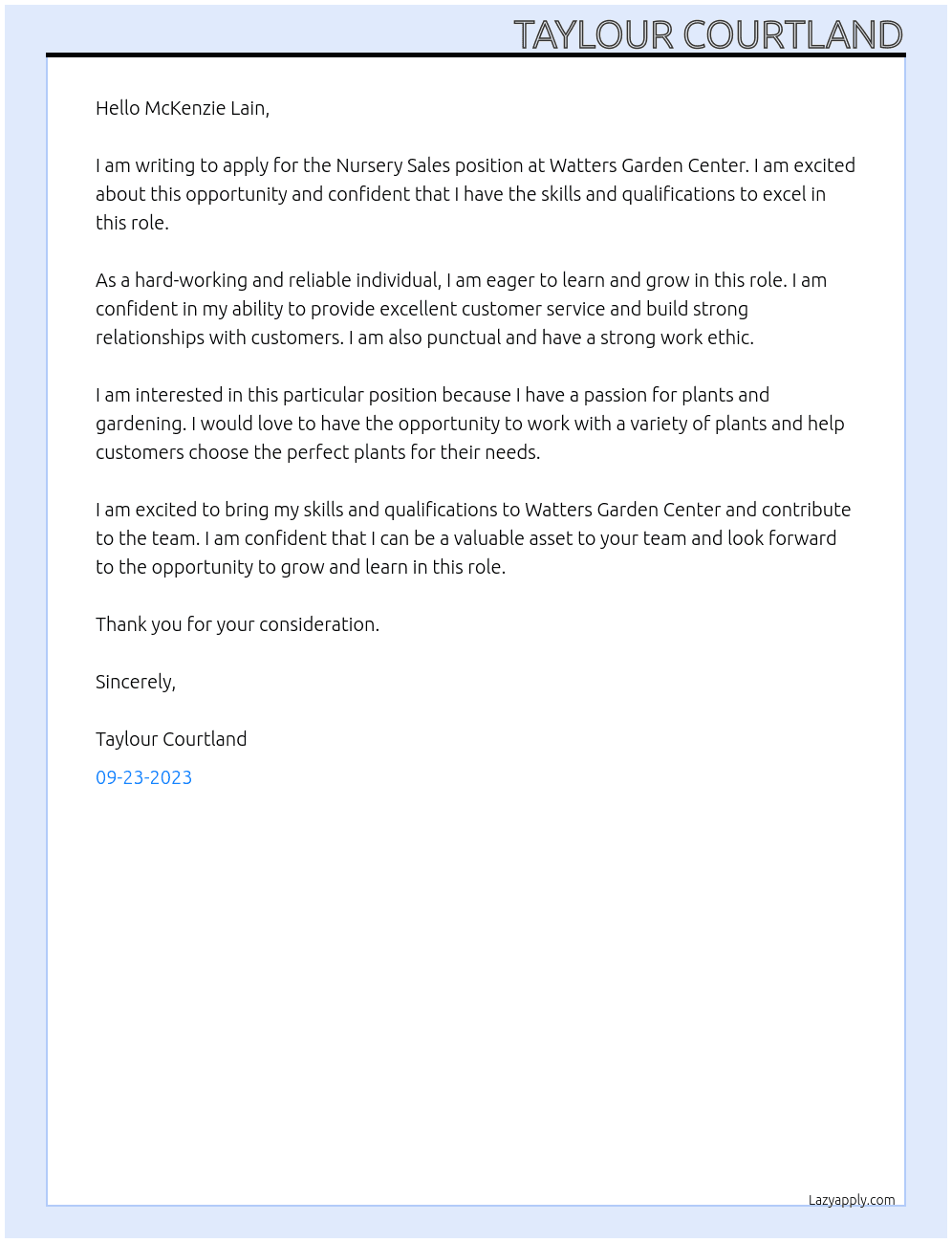 Nursery Sales At Watters Garden Center Cover Letter