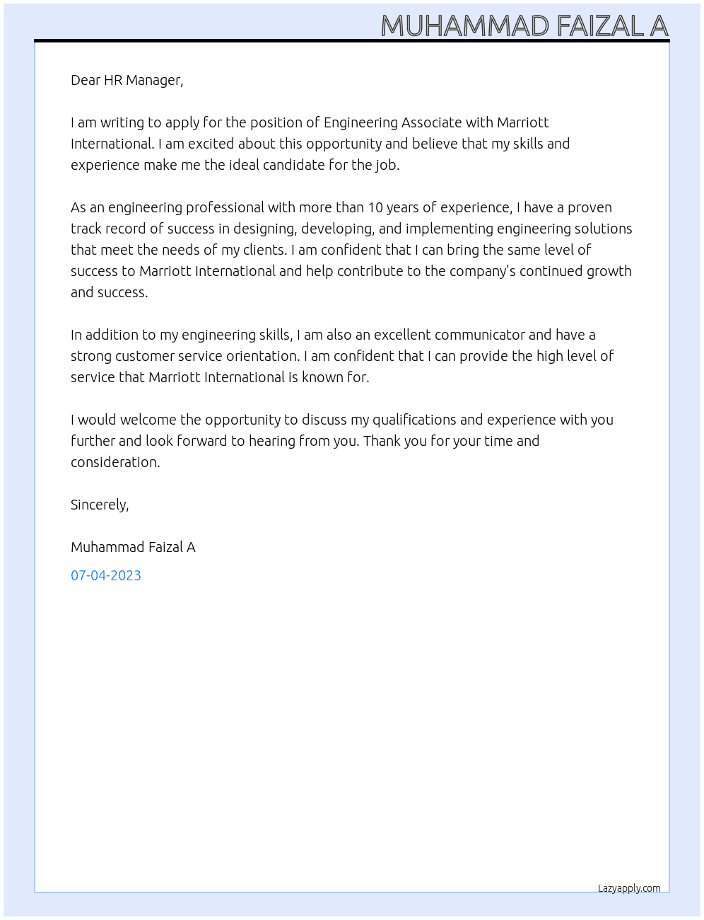 Engineering Associate At Marriot International Cover Letter