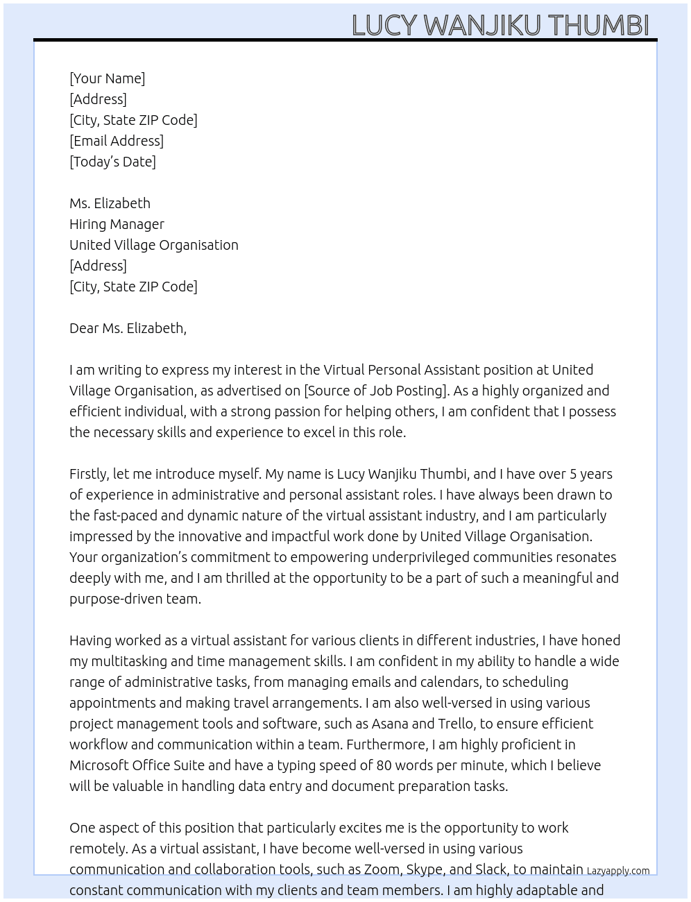 Virtual personal assistant  At United village organisation  Cover Letter