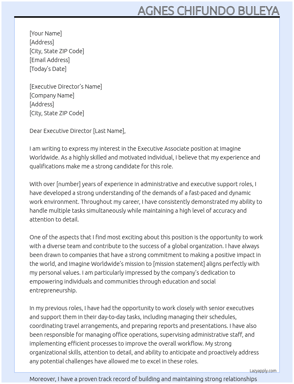 Executive Associate At Imagine Worldwide Cover Letter