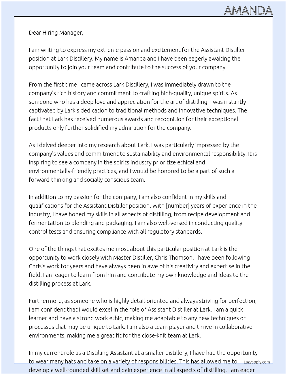 Assistant Distiller At Lark Distillery Cover Letter