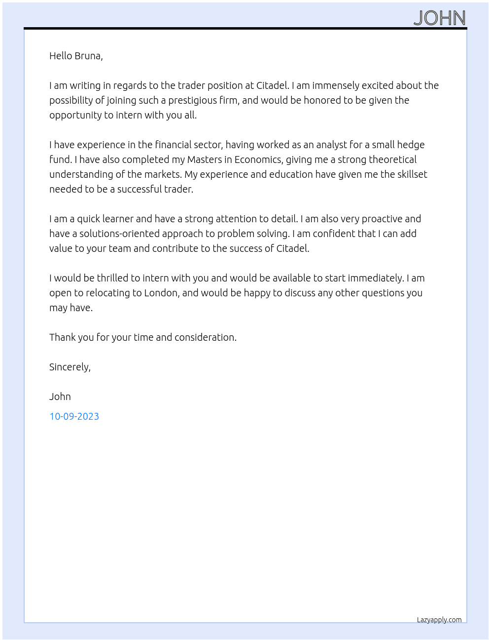 Trader At citadel Cover Letter
