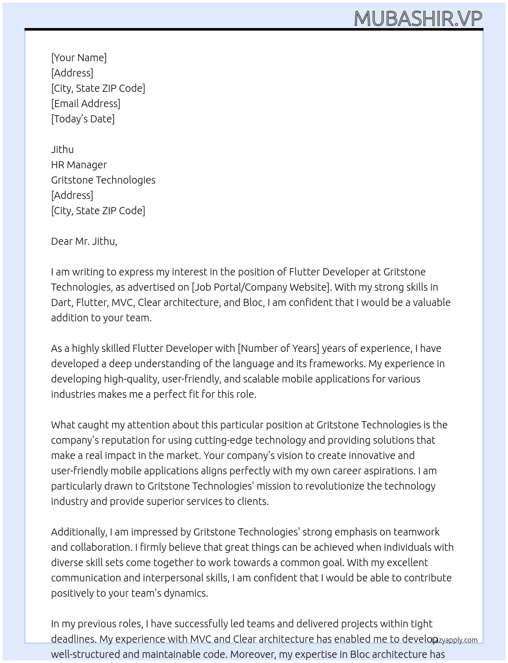 Flutter developer At Gritstone technologies Cover Letter