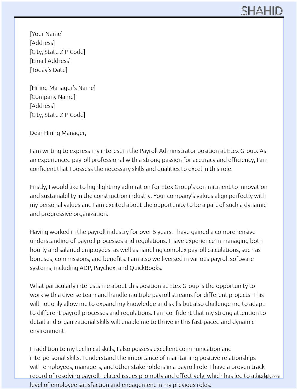Payroll Administrator At Etex Group Cover Letter