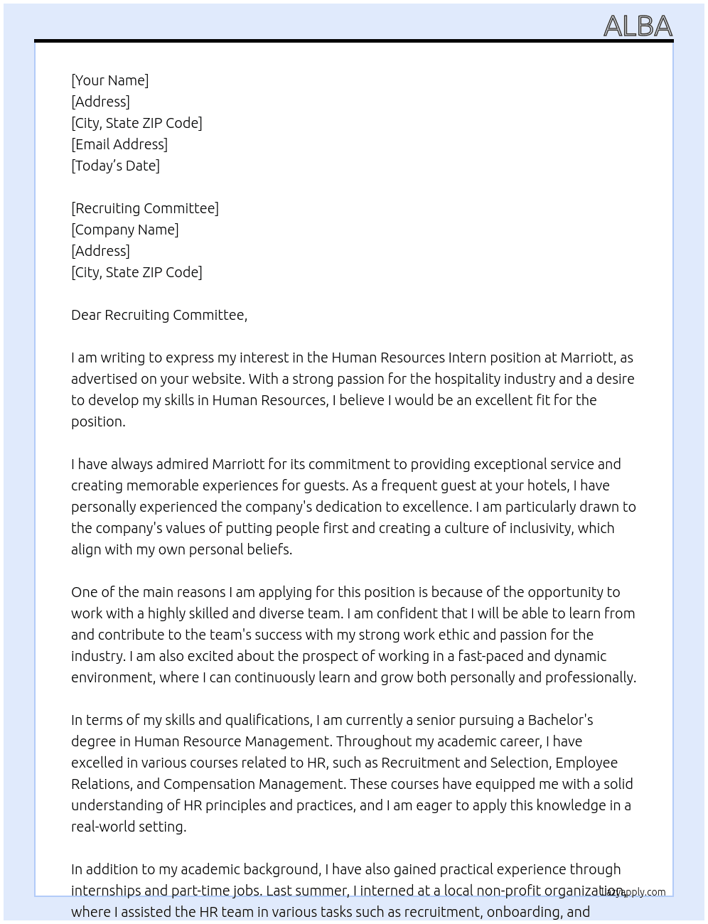 Human Resources Intern  At Marriott Cover Letter
