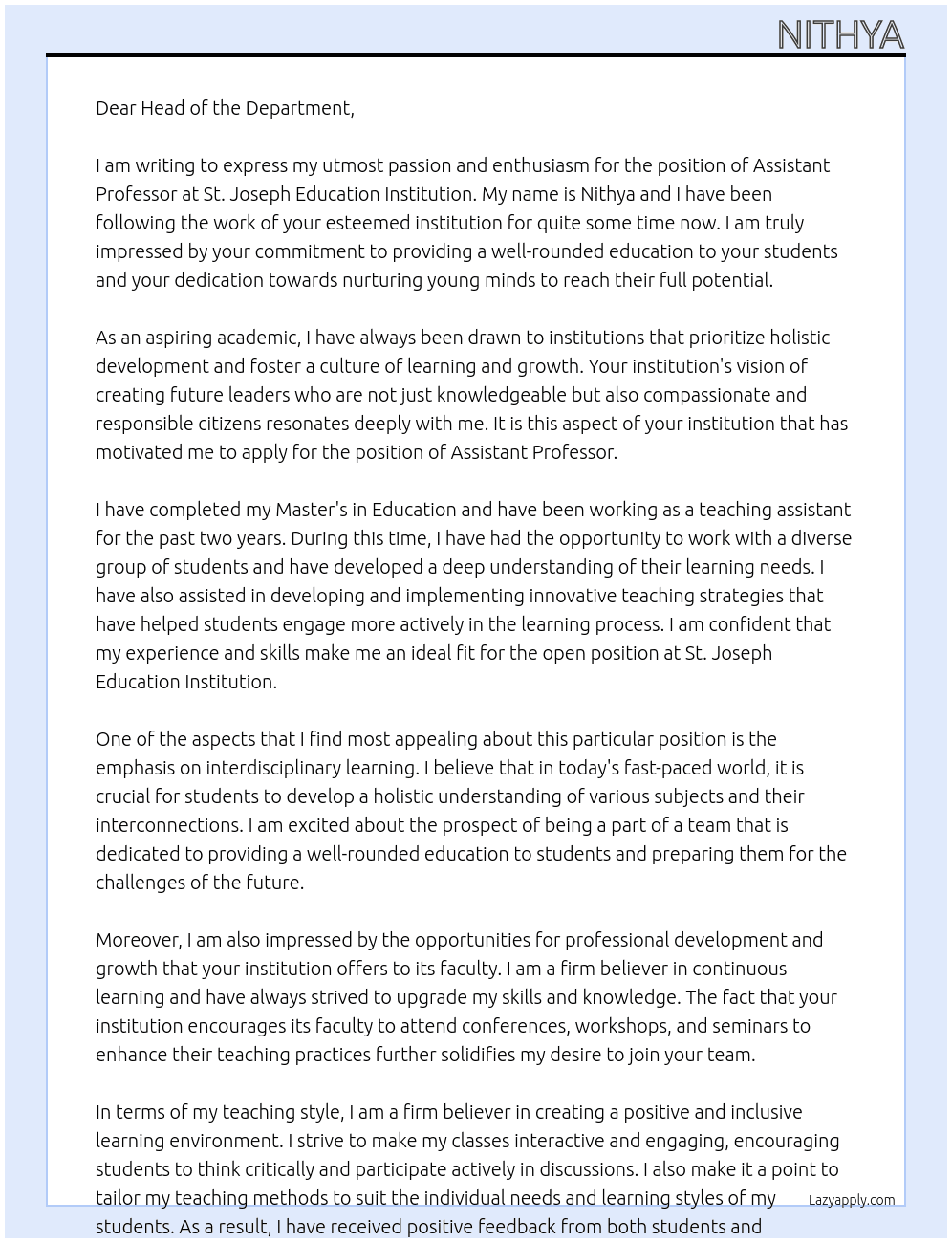 assistant professor At st joseph education institution Cover Letter
