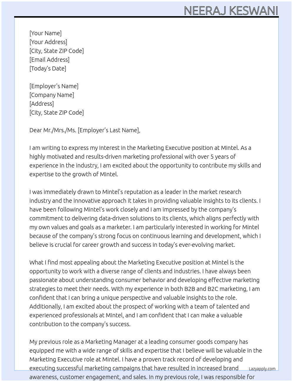 Marketing Executive  At Mintel  Cover Letter