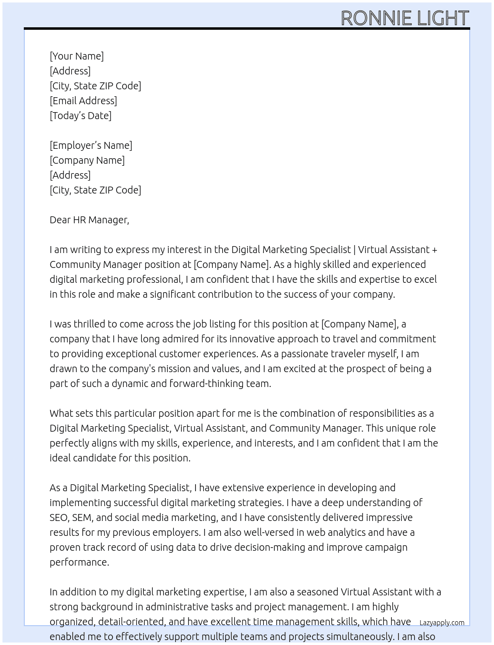 Digital Marketing Specialist | Virtual Assistant + Community Manager At travel  Cover Letter