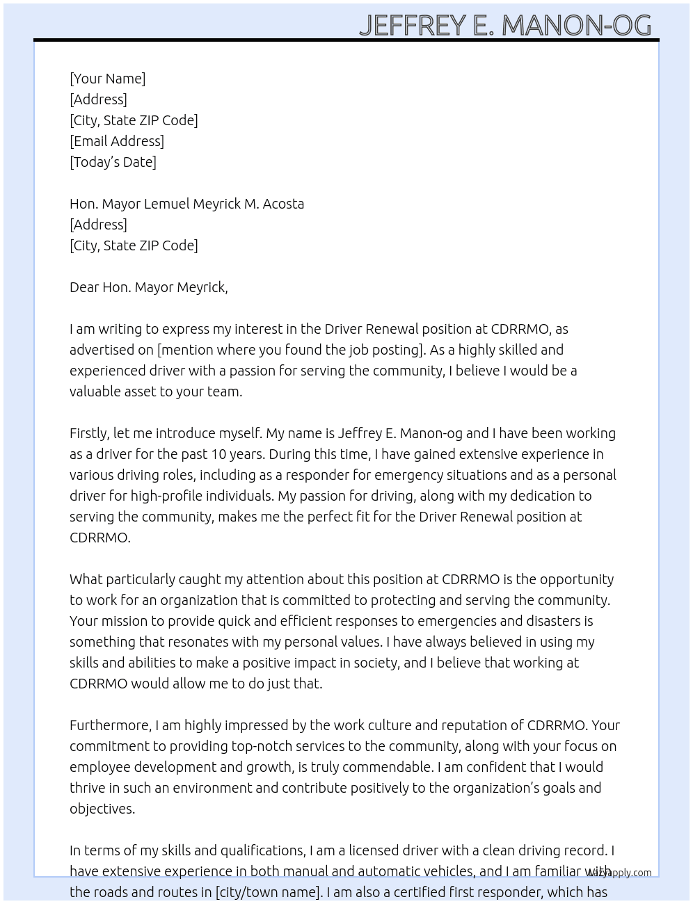 Driver renewal  At CDRRMO  Cover Letter