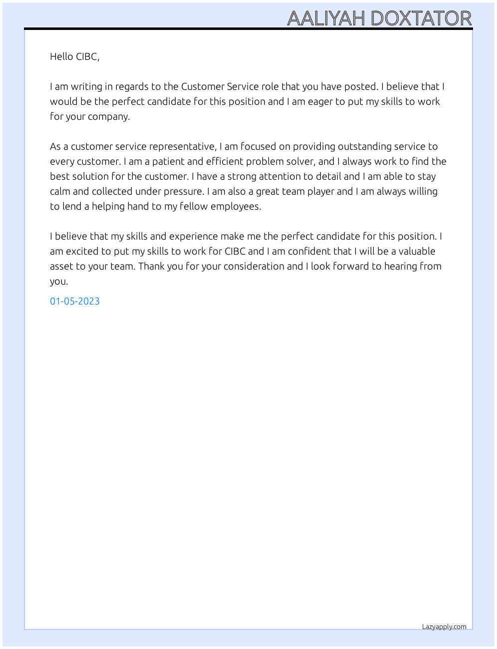 Customer Service Role At CIBC Cover Letter