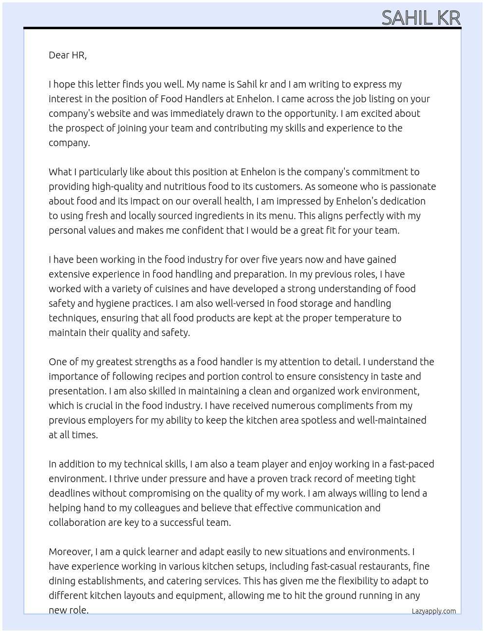 Food Handlers  At Enhelon Cover Letter