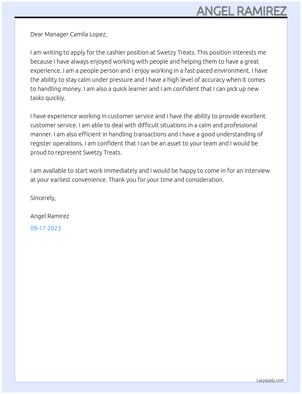 Cashier At Swetzy Treats Cover Letter